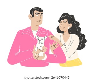 Happy young couple smiling with their cute chihuahua dog in flat style illustration