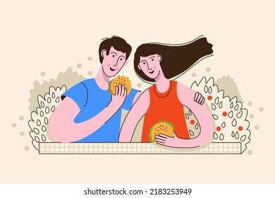 Happy young couple spending time together, resting in nature, eating burgers. Summer vacation. Vector illustration