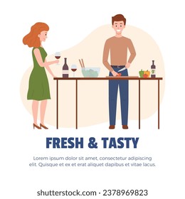 Feliz pareja de jóvenes pasando tiempo juntos en la cocina, ilustración plana vectorial aislada en el fondo blanco. Una pareja joven cocinando juntos un cartel de actividad de unión.