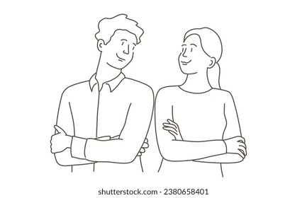 Happy young couple standing with folded hands looking at each other. Hand drawn vector illustration. Black and white.