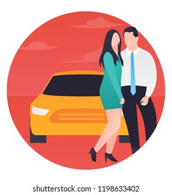 
Happy young couple standing in front of car 
