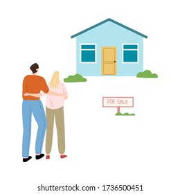 Happy young couple standing and looking at house for sale vector illustration