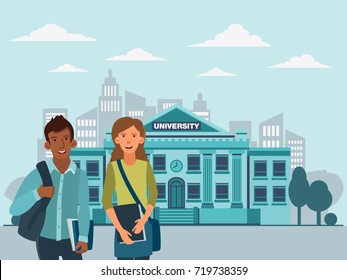 Happy and young couple of students standing with notebooks. Back to school vector concept