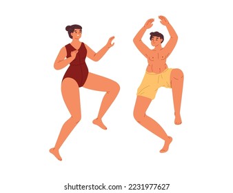 Happy young couple in swimsuit dancing on beach party at seaside. Cheerful girl and man in summer wear on holiday at sea jumping and having fun together. Cartoon flat vector illustration