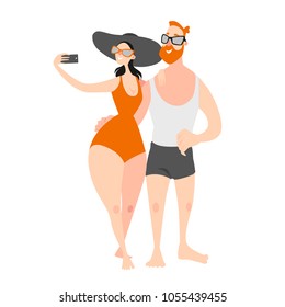 Happy young couple taking selfie on the beach. Vector illustration on white background