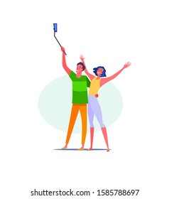Happy young couple taking selfie. Woman raising her arms, man hugging her while taking photo with selfie stick flat vector illustration. Love and holiday concepts for banner, website, landing page