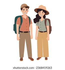 Feliz par de turistas jóvenes con mochilas. Viajeros hombres y mujeres en posición de pie. Turismo, concepto de senderismo. Ilustración plana del vector aislada en fondo blanco