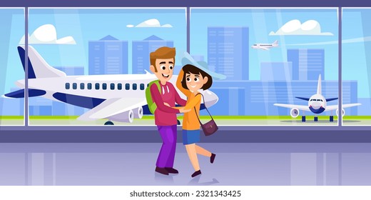 A happy young couple traveling on vacation by plane in an airport terminal. A man and woman travelers embrace in a departure area with airplanes in the background. Cartoon vector illustration.