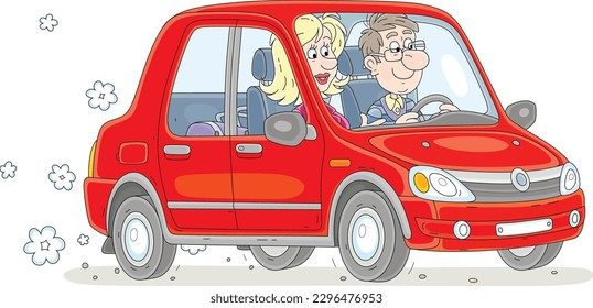 Happy young couple traveling in a red car and merrily chatting, vector cartoon illustration isolated on a white background