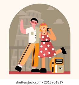 Happy young couple visiting attractions, taking pictures together. Young lady holding camera and take selfie near Leaning Tower of Pisa. Flat vector illustration in red and orange colors