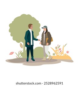 Happy young couple walking in autumn park. Active lifestyle. Beauty of autumn nature. Vector illustration on abstract background.