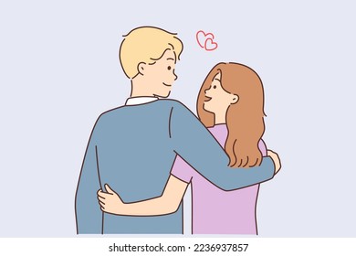 Happy young couple walking embracing each other. Smiling man and woman hugging feeling in love. Romantics date and relationships. Vector illustration. 