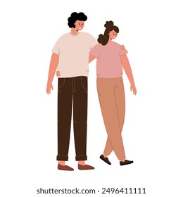 Happy young couple walking. Love couple dating and hugging. A happy man and woman are smiling. Flat vector illustration on white background.