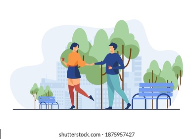 Happy young couple walking outside. Takeaway coffee, park, summer flat vector illustration. Love, dating, romance concept for banner, website design or landing web page