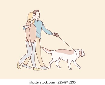 Happy young couple walking their dog simple korean style illustration
