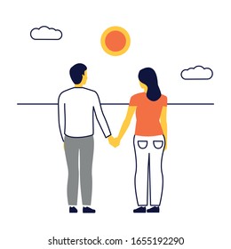 Happy young couple walking together. 
Thinking about the future. Love and family concept. 