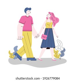 Happy young couple walking together in nature - isolated man and woman in love holding hands and taking a stroll in park. Flat vector illustration.