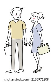 Happy young couple walking together. Cute and cheerful couple enjoying strolling and shopping together. Young man and young woman talking cheerfully while walking outdoors. Young couple having a date.