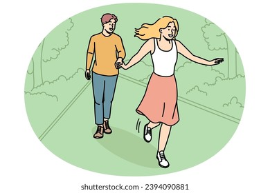 Happy young couple walking together in park. Smiling man and woman enjoy romantic date in summer forest. Relationships. Vector illustration.