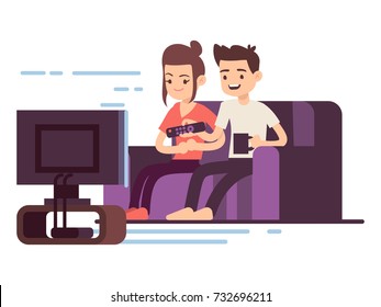 Happy young couple watch TV isolated on white background. Vector illustration