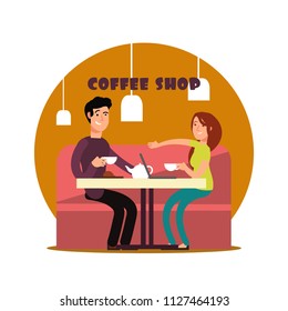Happy young couple working in coffee shop. Freelancers drinking tea with notebook in cafe vector illustration