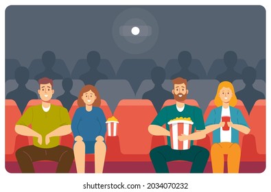 Personajes de parejas jóvenes felices viendo películas en el cine. Jóvenes hombres y mujeres con maíz pop y bebida refrescante disfrutando de una película en el cine. La Gente Finaliza El Entretenimiento. Ilustración del vector de dibujos animados