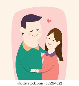 Happy young couple's hugging and dancing together with smiling face, vector cartoon illustration.