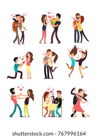 Happy young couples in love, vector valentine cartoon characters isolated on white background