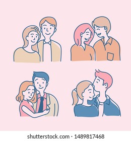 Happy young couples in outline cartoon with pastel background