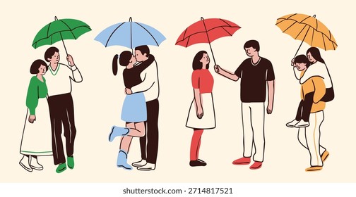 Conjunto de parejas jóvenes felices. Abrazando, besando a la gente de pie bajo los paraguas. Lindos personajes. Ilustración vectorial dibujada a mano. Elementos de diseño aislados. Amor, cuidado, felicidad, romance, concepto de amistad