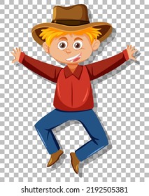 Happy young cowboy cartoon character on grid background illustration