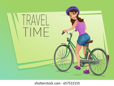 Happy young cyclist girl character with bicycle. Vector illustration of Poster travel time.