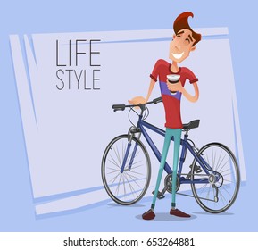 Happy young cyclist guy character with bicycle. Vector illustration.