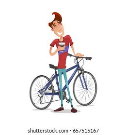 Happy young cyclist guy character with bicycle isolated on white background. Vector illustration.
