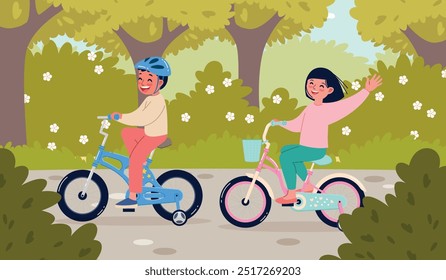 Jóvenes ciclistas felices montando en el parque. Niños en bicicleta al aire libre, lindo niño y niña en vehículos de color, niños jugando activamente, juegos activos al aire libre, concepto de Vector aislado plano de dibujos animados