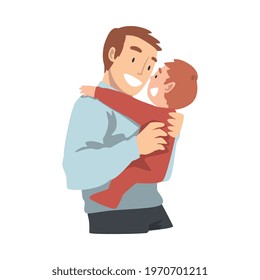 Happy Young Dad Hugging his Toddler Baby, Happy Parenting, Fatherhood and Kids Care Cartoon Vector Illustration