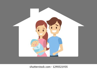Happy young dad and mom holding baby. Family with newborn child. Cute couple standing together. Isolated flat vector illustration Happy young dad and mom holding baby. Family with newborn child. Cute couple standing together. Isolated flat vector illustration
