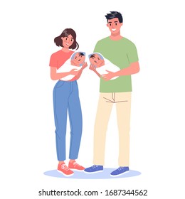 Happy young dad and mom holding baby twins. Family with newborn children. Cute couple standing together. Isolated flat vector illustration