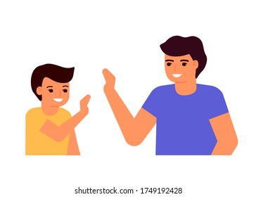 Happy young dad and son. Family informal communication, consent. High five. Father's day. Vector illustration on white background