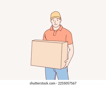 Feliz joven mensajero parado con un paquete de correos simple ilustración de estilo coreano