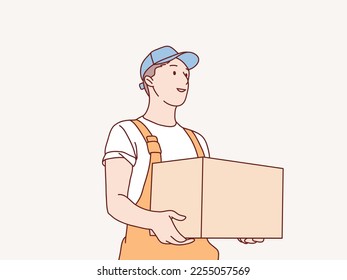 Happy young delivery courier young man standing with a post box parcel simple korean style illustration