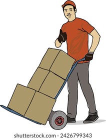 Happy young delivery man with stacking parcel box. Working with happy attitude. 