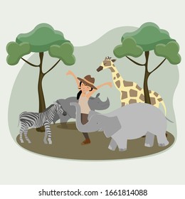 Happy young discoverer with animals in wild nature.