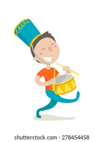 A happy young drummer boy. Flat design. Vector illustration.