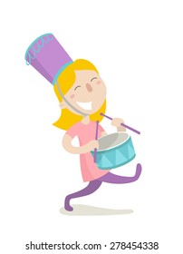 A happy young drummer girl. Flat design. Vector illustration.