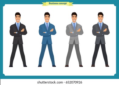 Happy young  elegant businessman in suit.Isolated vector on white.Standing Person.Business man cartoon.People character. Consulting, startup concept. Portrait of Full body. Lawyer.Front view man.Boss