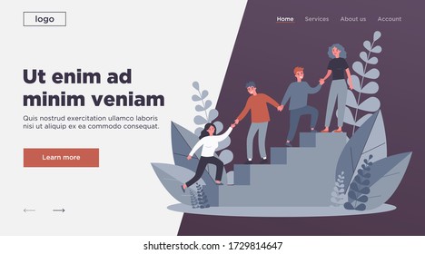 Happy young employees giving support and help each other flat vector illustration. Business team working together for success and growing. Corporate relations and cooperation concept.