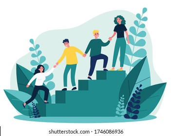 Happy young employees giving support and help each other flat vector illustration. Business team working together for success and growing. Corporate relations and cooperation concept.