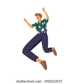 Happy young energetic man jumping up for fun and joy. Active excited smiling guy feeling freedom. Colored flat vector illustration of positive character isolated on white background