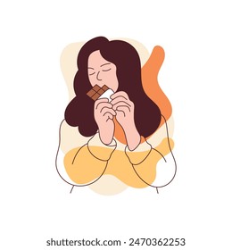 Happy Young European brunette Woman with closed eyes eating chocolate and enjoying the taste of candy